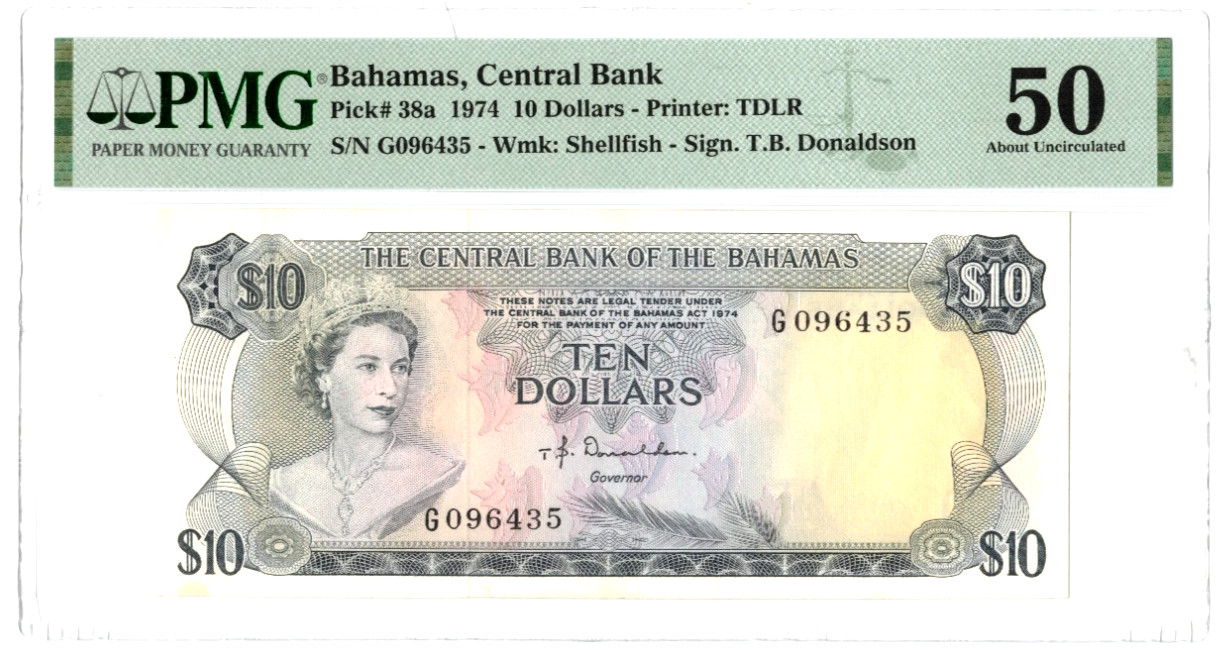 1974 Bahamas 10 Ten Dollars, Pick# 38a, Donaldson, PMG AU 50