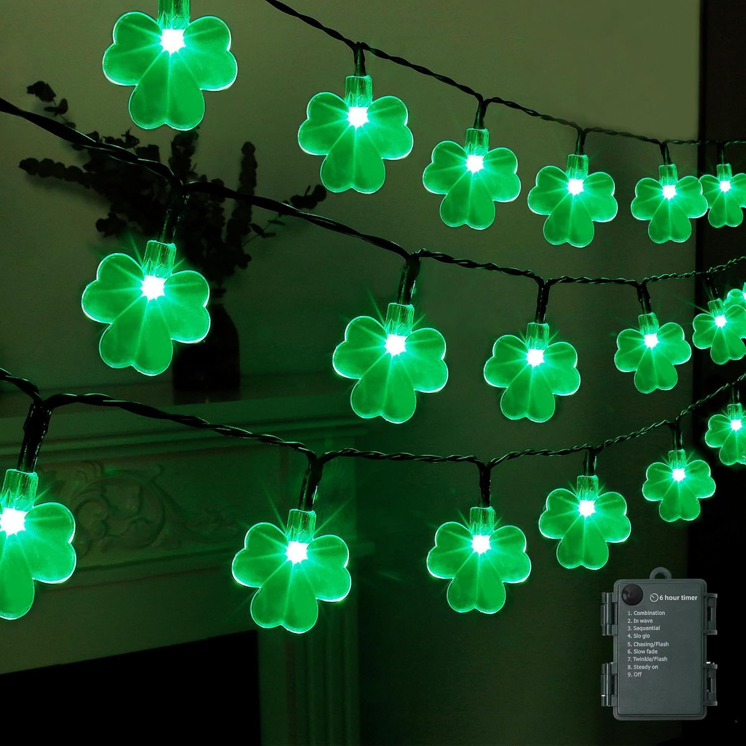 LJLNION St. Patricks Day String Lights Outdoor, 50 LED 16 FT Shamrocks Decorativ