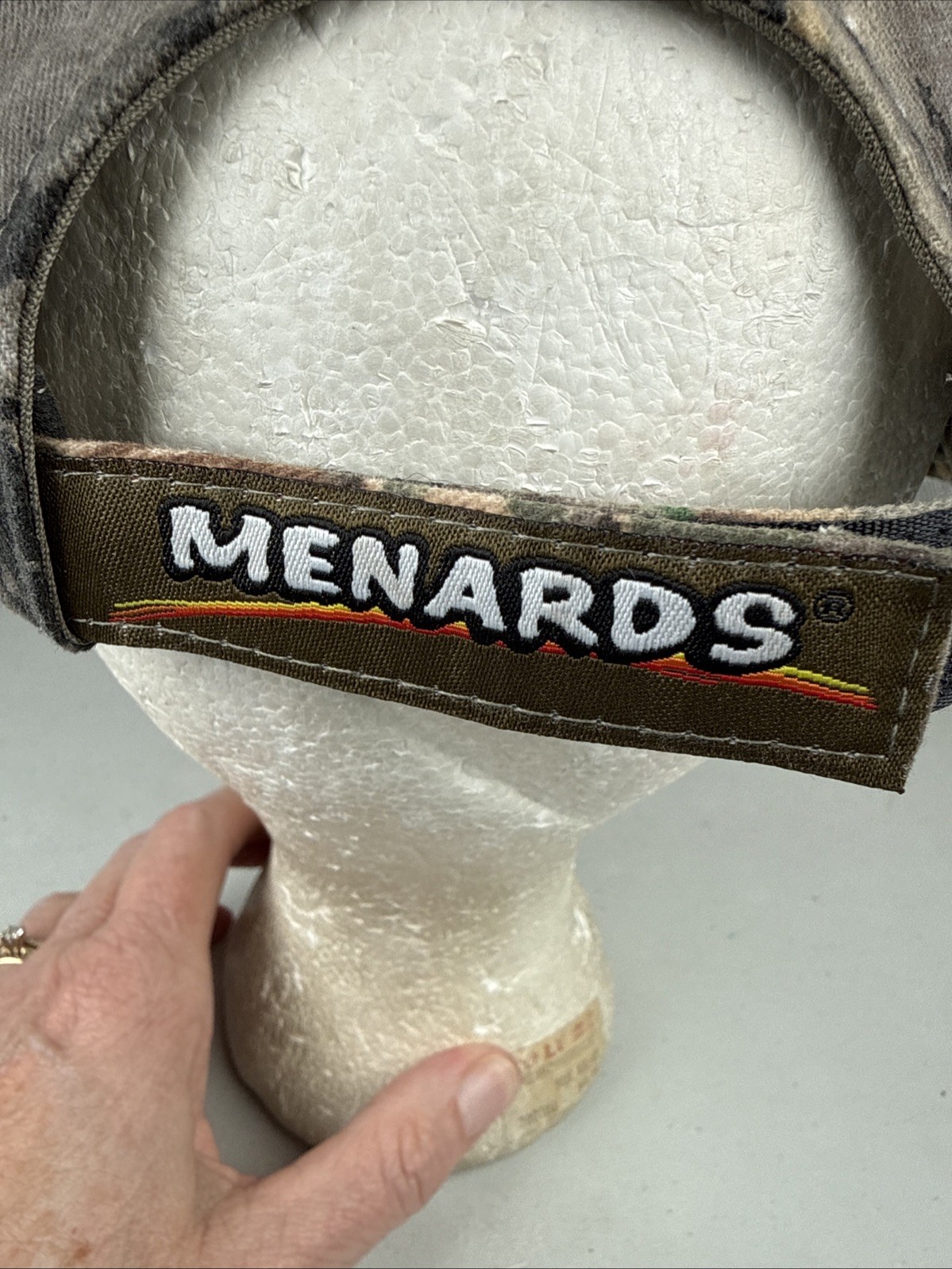 Menards in White on Camouflage Brushed Cotton Hat Cap Hook Loop Owen’s Corning