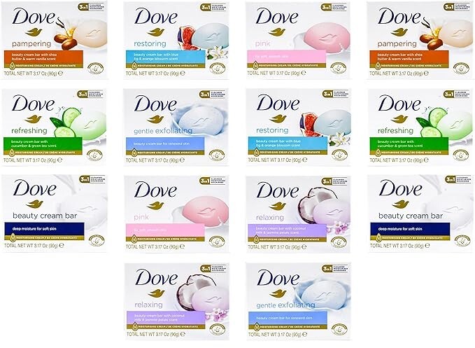 Dove, Beauty Bar Soap Variety Pack of 14, Go Fresh (7 Scents, 2 of Each) Mix