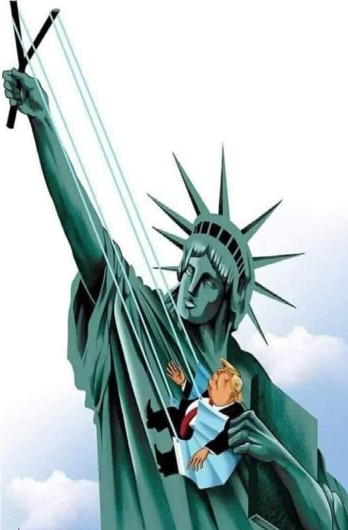 TRUMP/LADY LIBERTY WITH SLINGSHOT HUMOROUS FRIDGE MAGNET 5" X 3.5"