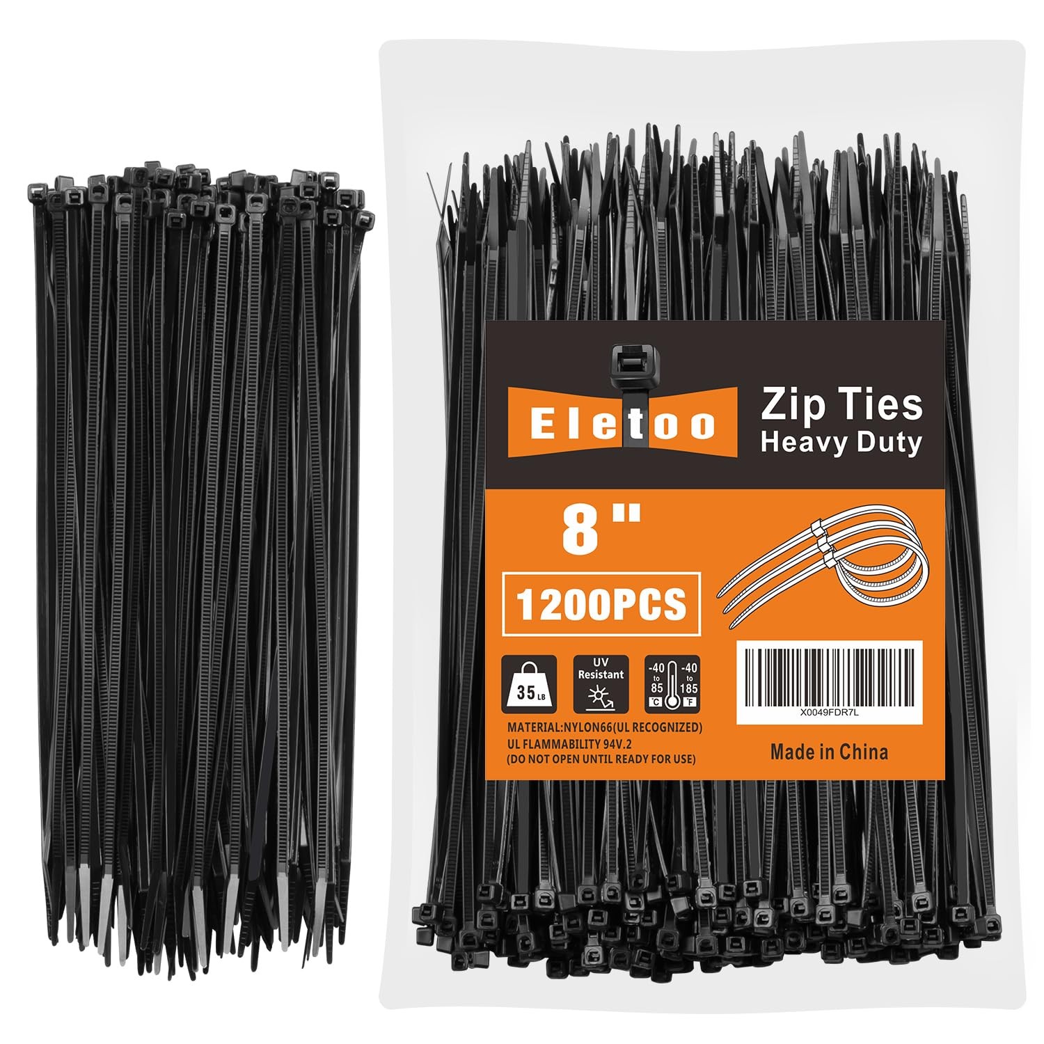 8 Inch Black Zip Ties 1200 Pack, 35 LBS Tensile Strength, Self-Locking Nylon ...