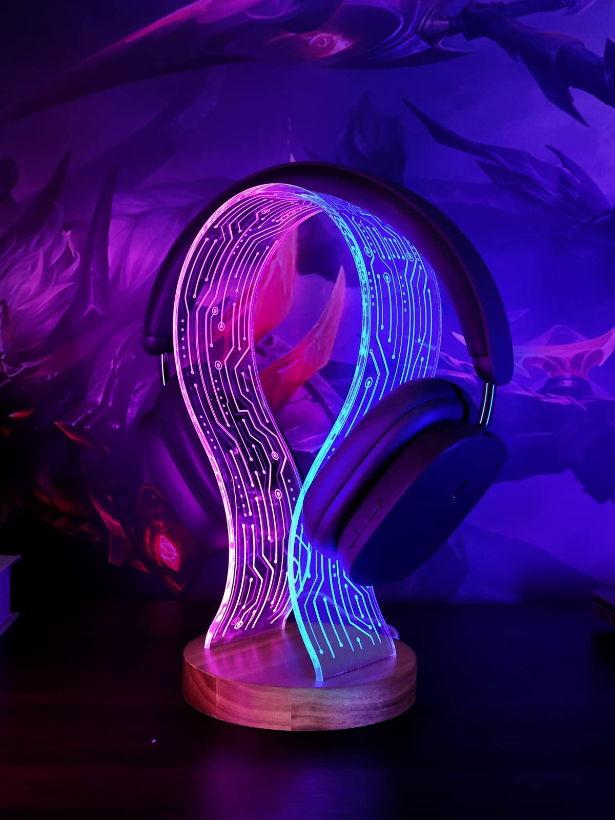 YuanDian Headphone Stand Walnut Wood Headset Holder with Blue Pink LED Night