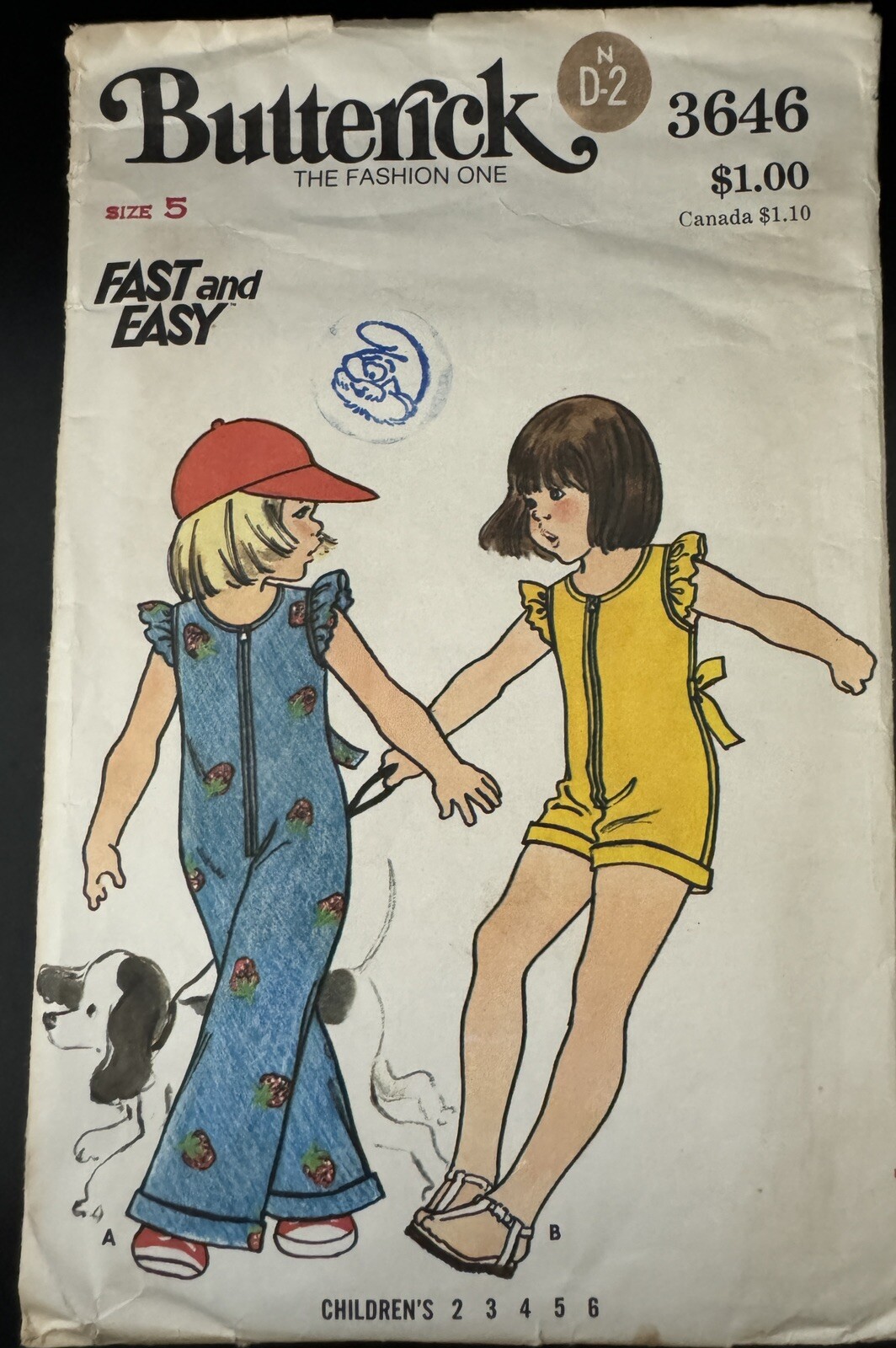 3646 Butterick Girls Size 5 Jumpsuit Sewing Pattern Vintage 1980s
