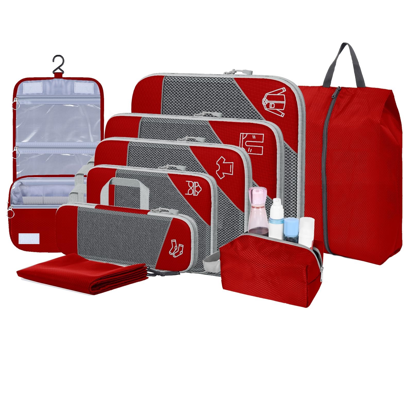 9-Set Packing Cubes with Hanging Bag | 9-Size Combination, Mesh Fabric & Refl...