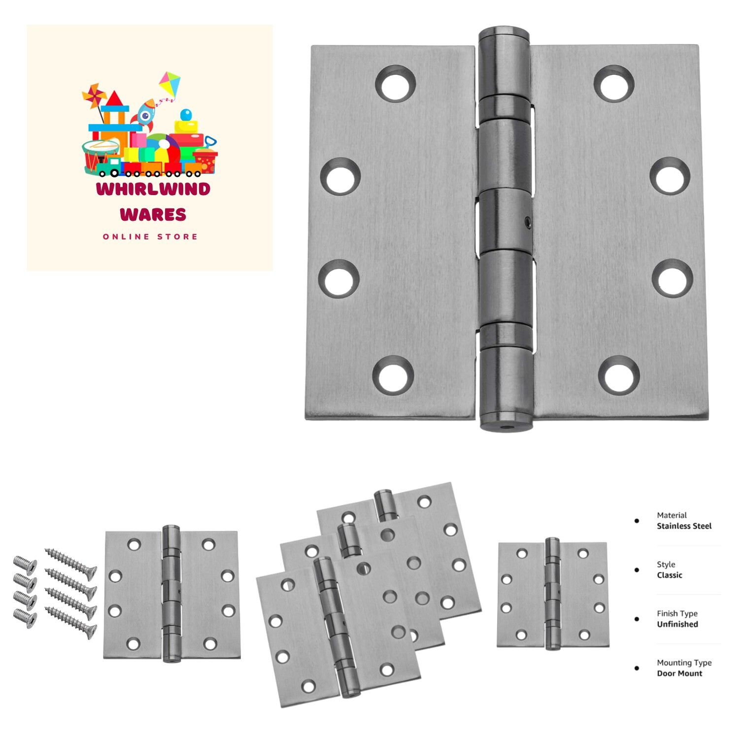 Commercial Grade Ball Bearing Door Hinge 4-1/2 x 4-1/2 Full Mortise Stainless...