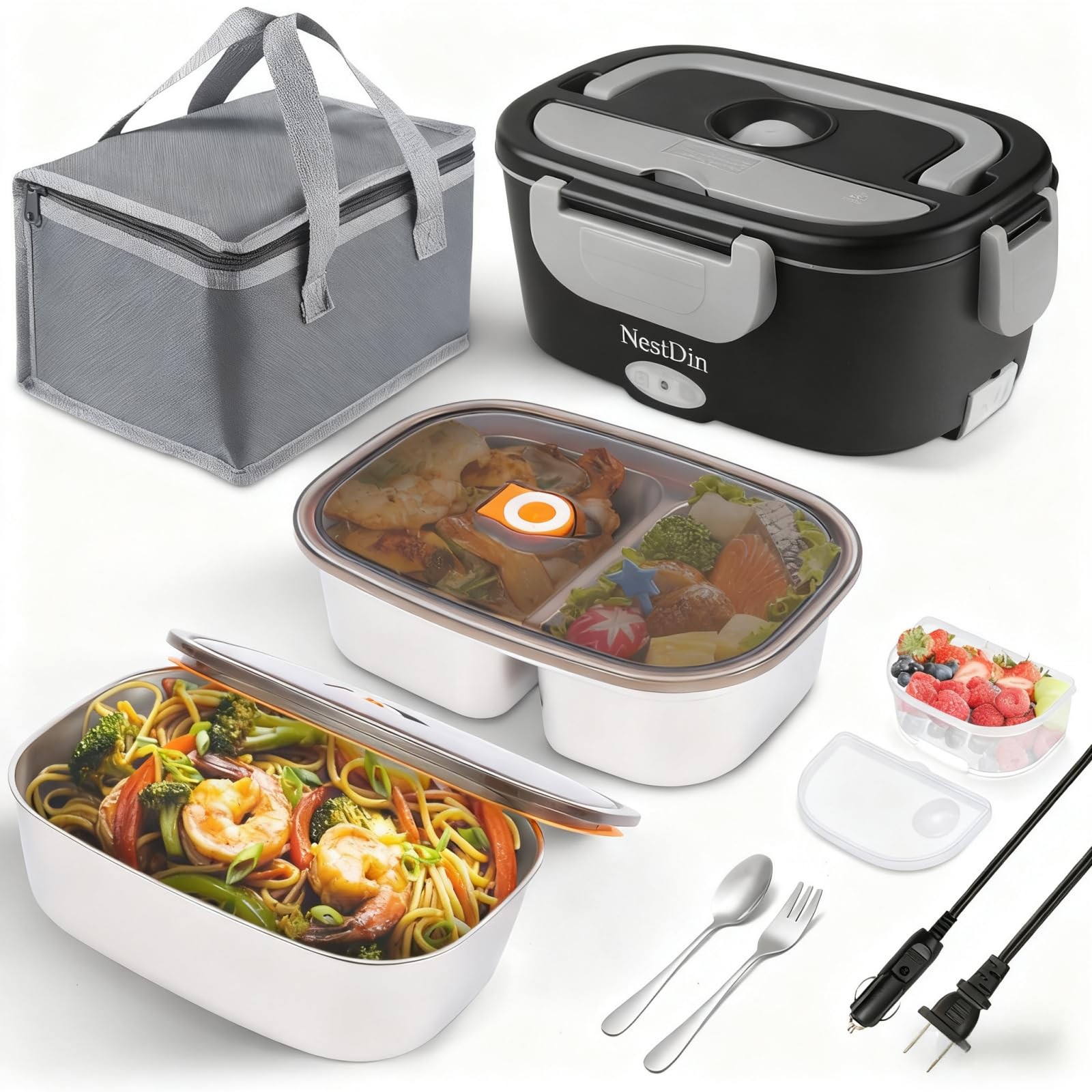 NestDin Electric Lunch Box Food Warmer, 80W Fast 1.5L, 2*1.5L Blackgrey