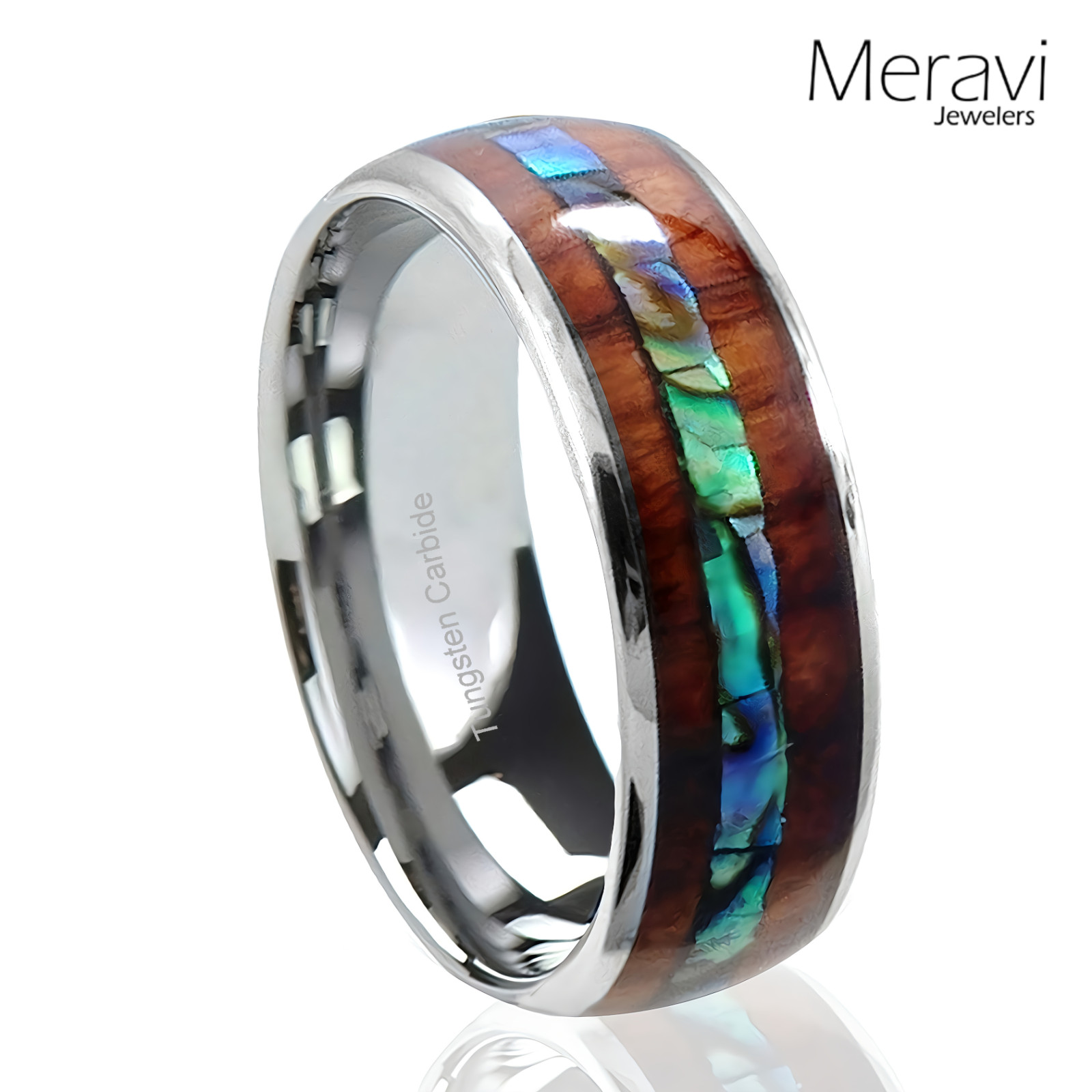 Silver Tungsten Abalone Hawaiian Koa Wood Inlay Engagement Wedding Band Men Ring