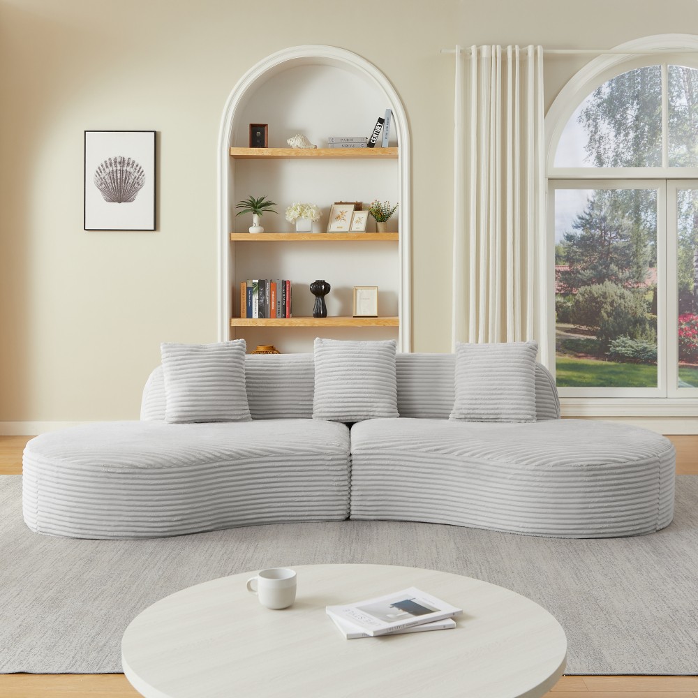 Corduroy Curved Sectional Sofa w/ Scatter Cushions, No Assembly, Light Grey