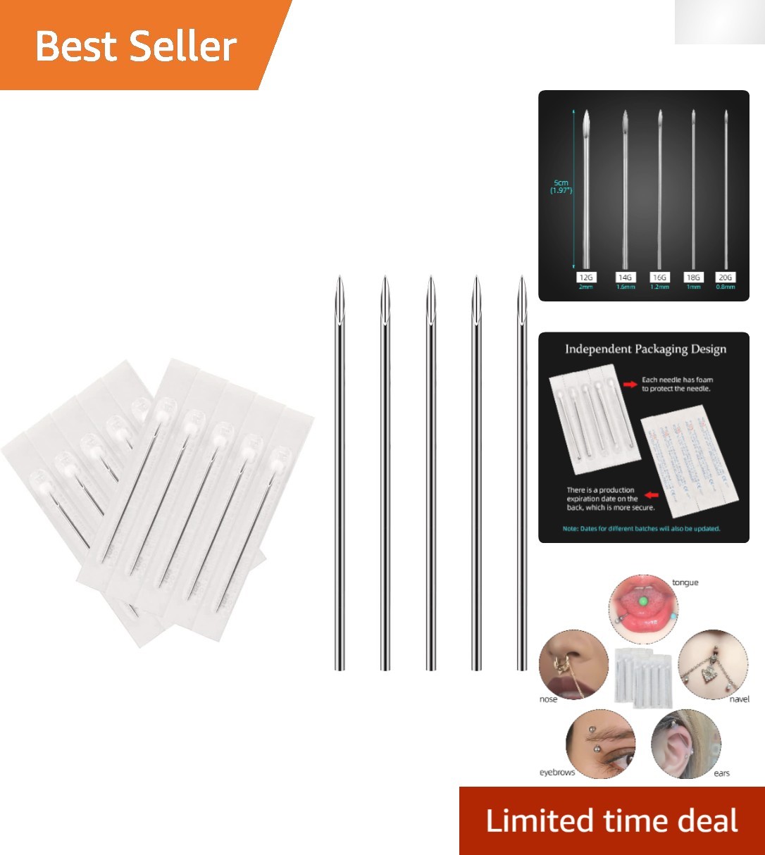 Hygienic Disposable Piercing Needles 14G 16G - Individually Packaged, 10pcs