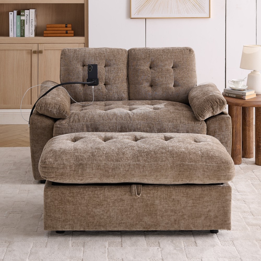 Double Sofa Recliner w/ Adjustable Backrest, USB Port, Ottoman - Brown