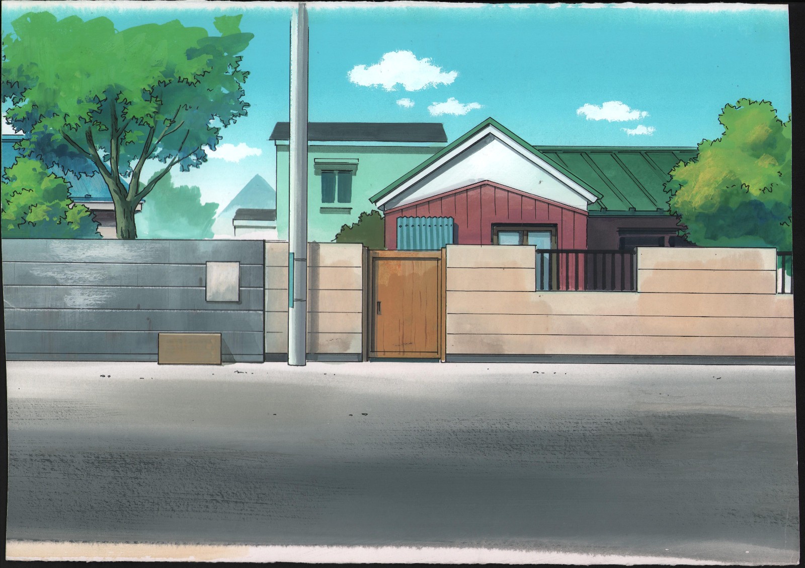 Vintage Anime Original Painted Background - Town Street - 1990s