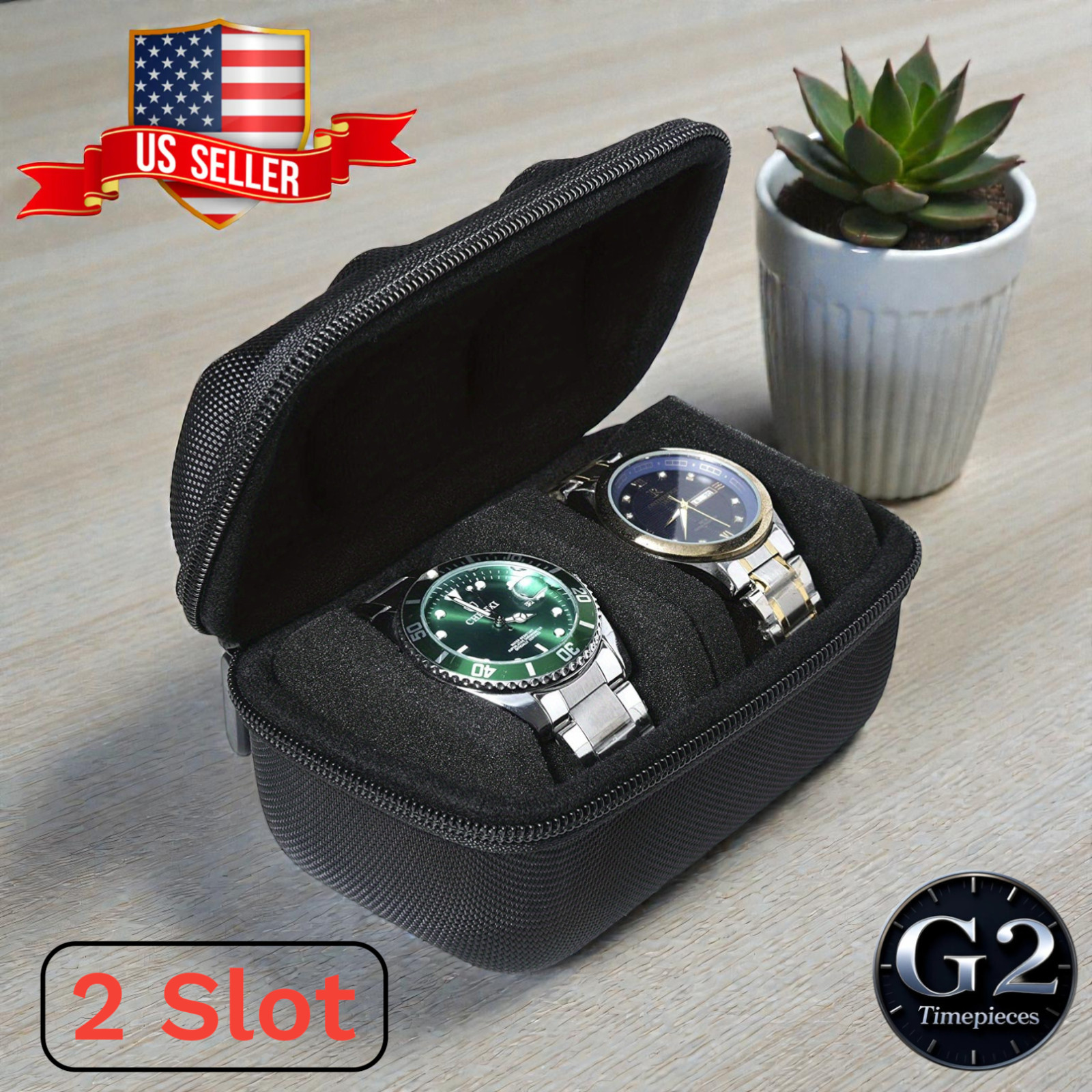 2 Slots Hard Travel Watch Roll Case Wristwatch Display Storage Box Organizer