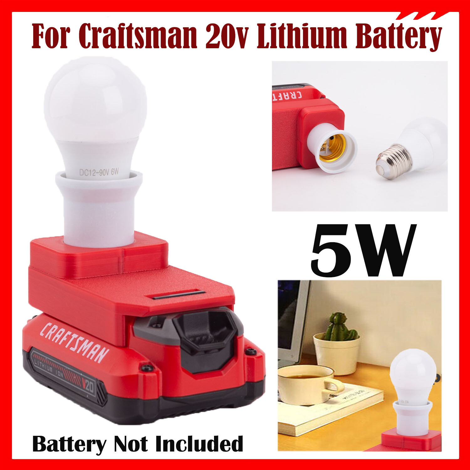 Portable LED Work Light For Craftsman 20V Series Lithium Battery E27 Bulb Lamp