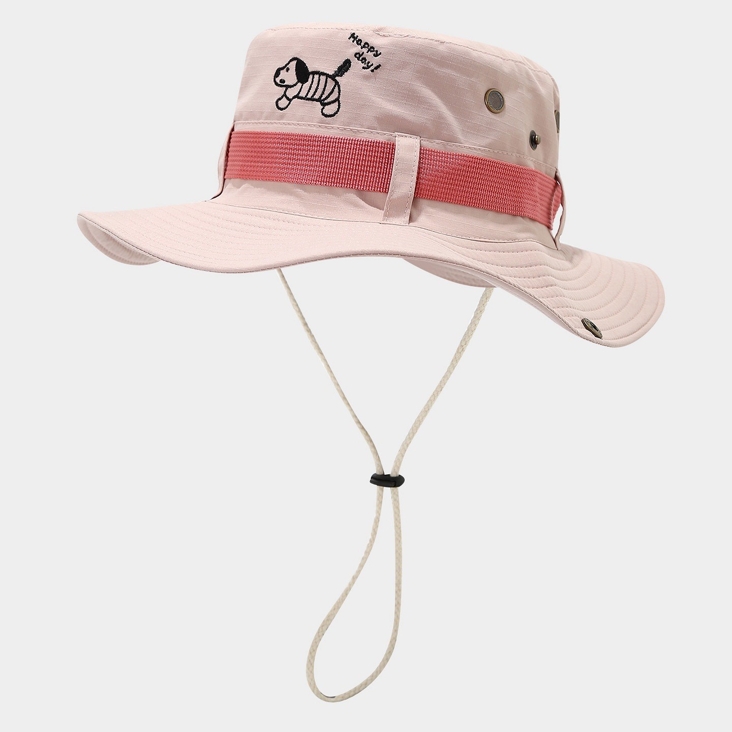 Women Outdoor Bucket Hat Dog Embroidery Quick Dry Wide Brim Sun Hat