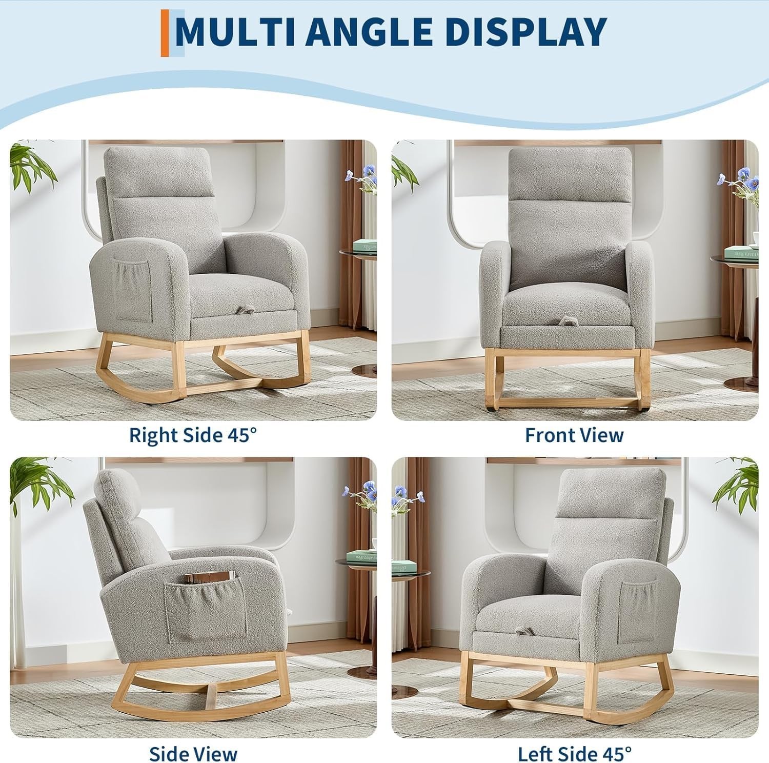 Gray Rocking Armchair,Velvet High Back Chair w Adjustable Footrest & Side Pocket