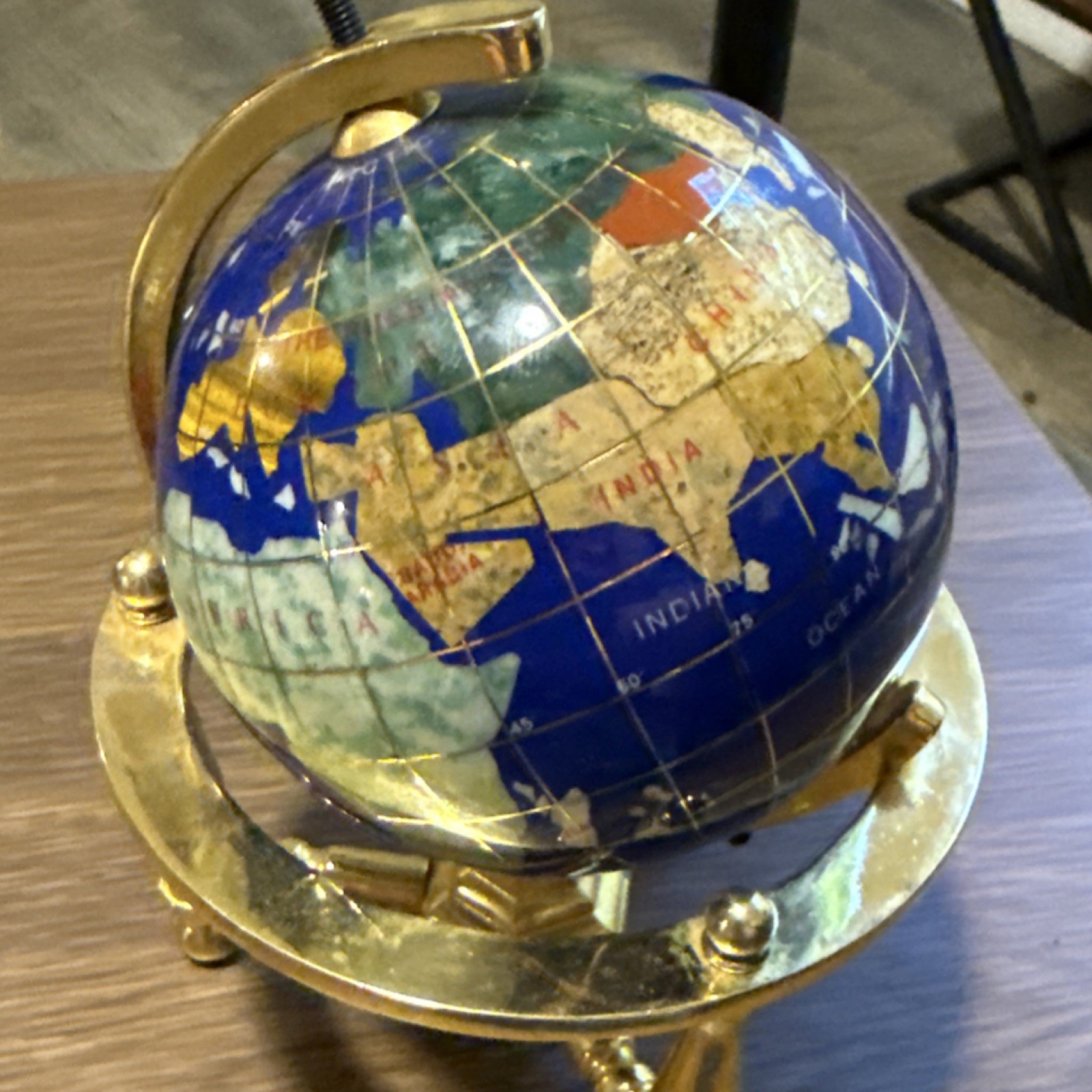Globe Small Blue Gemstone Tabletop Rotating Brass Stand 8in Decorative Globe