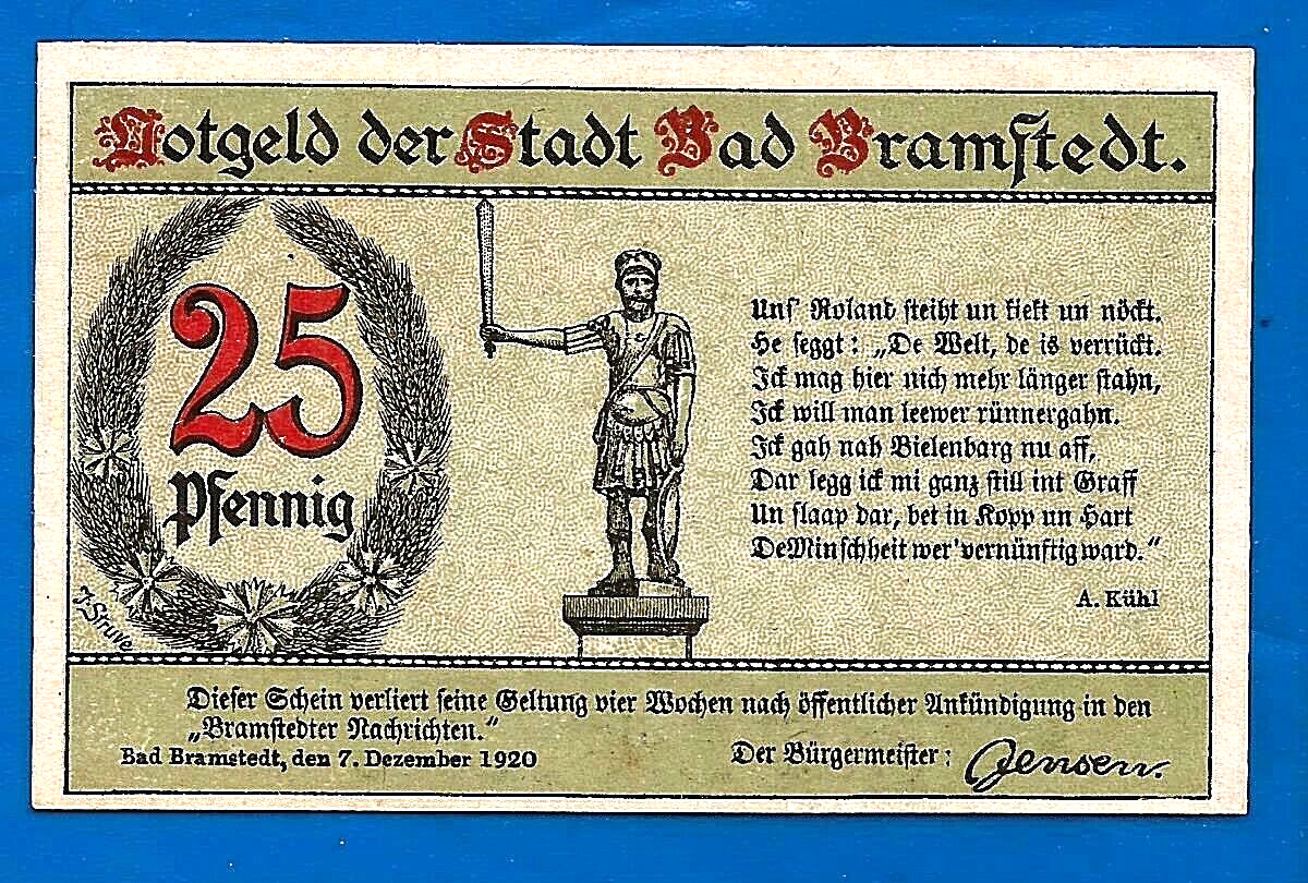 1920 Bramstedt Germany Notgeld NOTE emergency money 25 Pfg