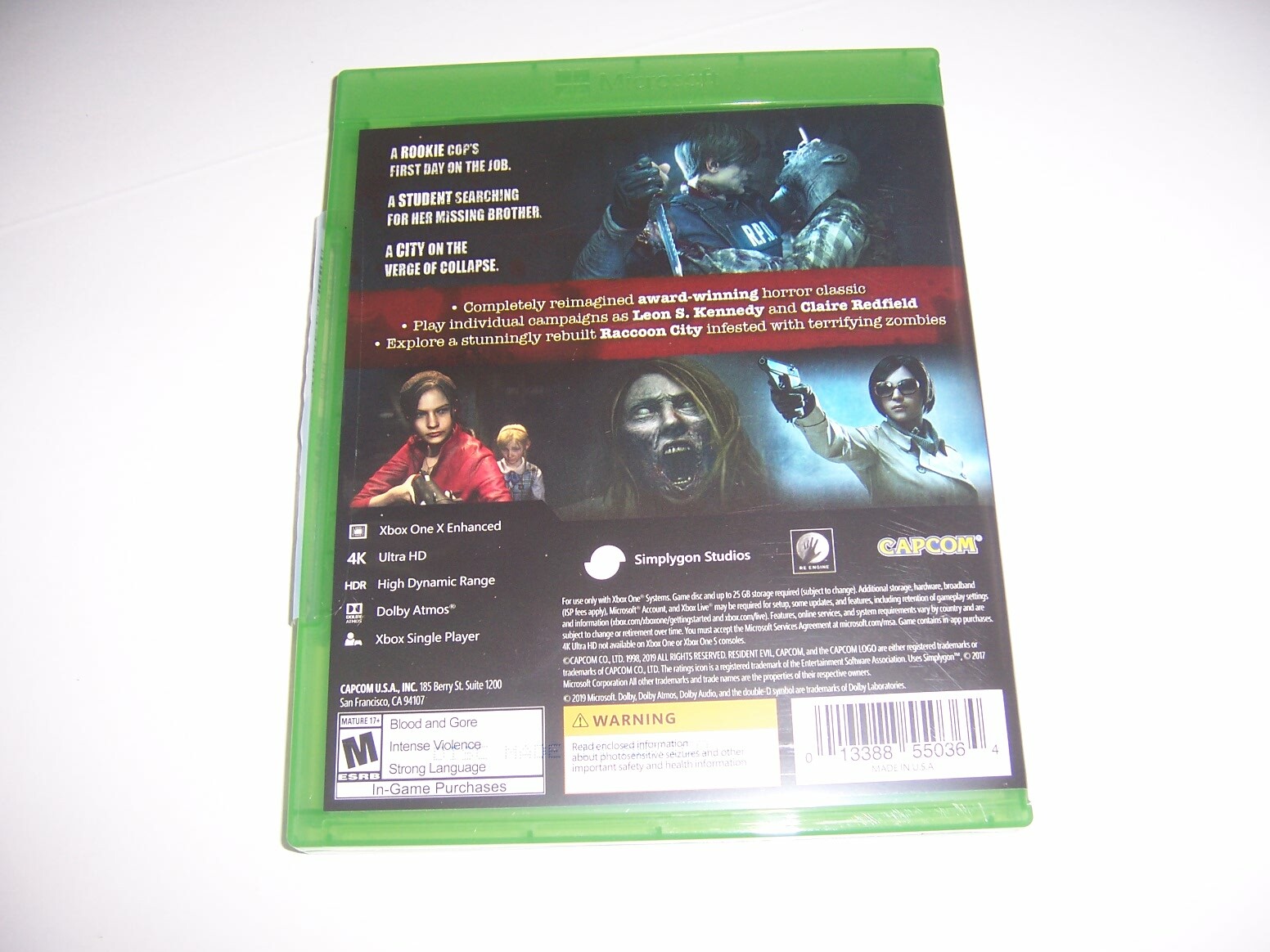 Original Box Case Replacement Microsoft Xbox One XB1 Resident Evil 2 Two