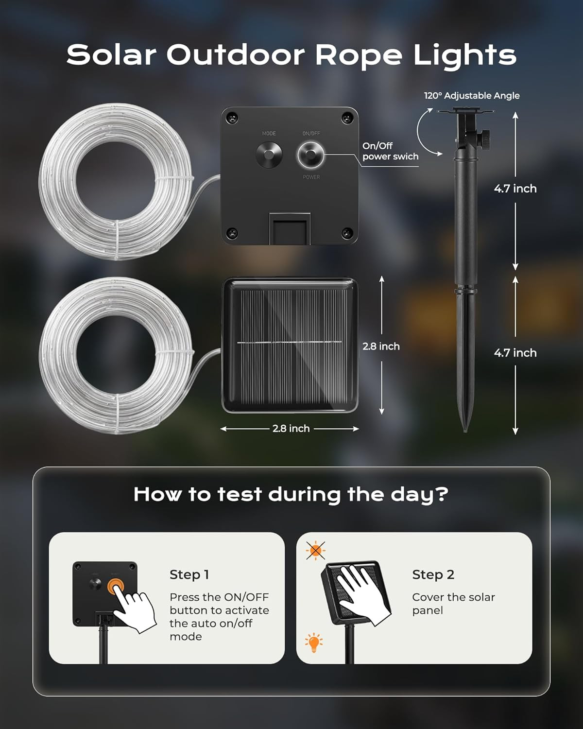 2 Pack Solar Rope Lights, Total 78FT 200LED Pure White Solar String Lights Outdo