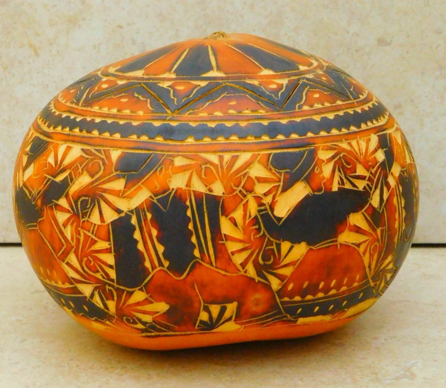 Peruvian Folk Art Hand Carved Gourd Box w/lid dancers and musician Folk Art VTG