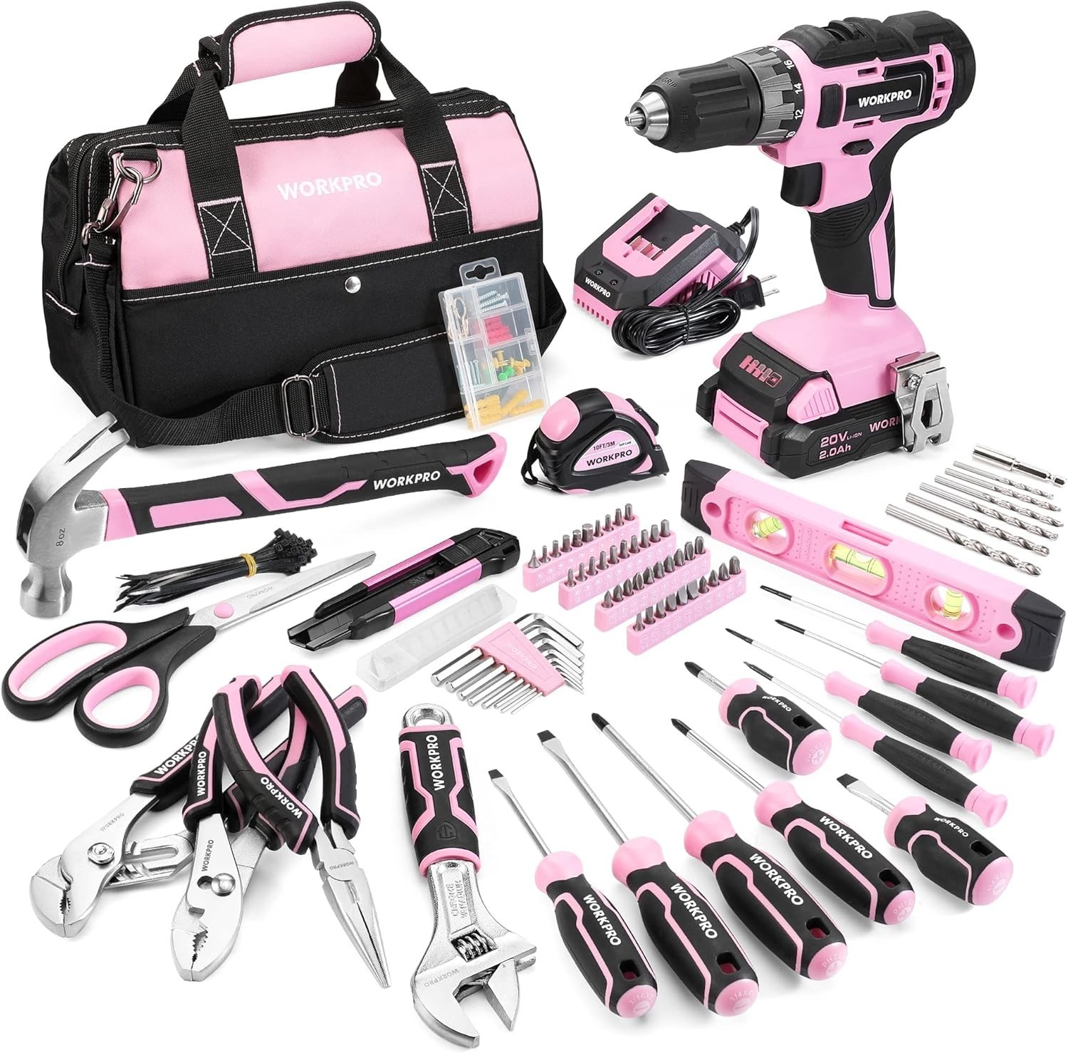 Pink Tool Kit with Drill, Tool Set with 20V Cordless Lithium-ion Drill Driver...
