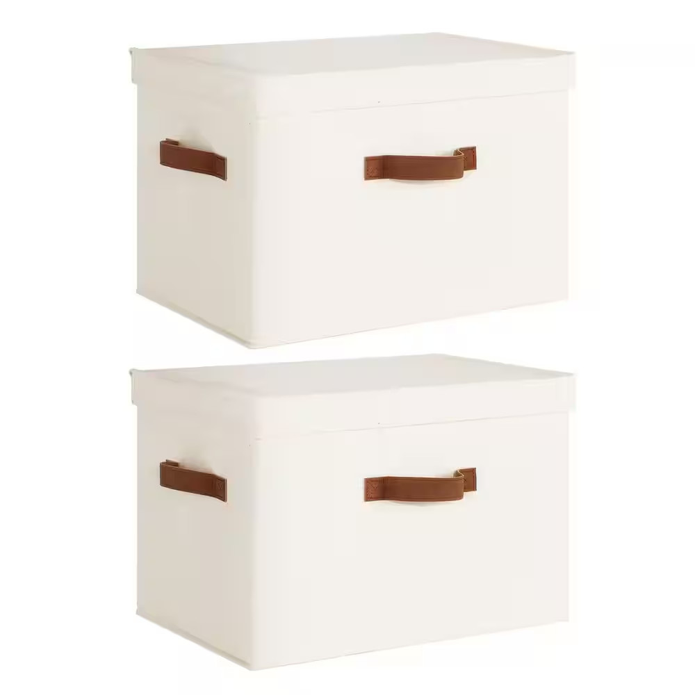 Ivory 17 In. X 11.5 In. Cotton Decorative Basket Set of 2 with Lid and Handles