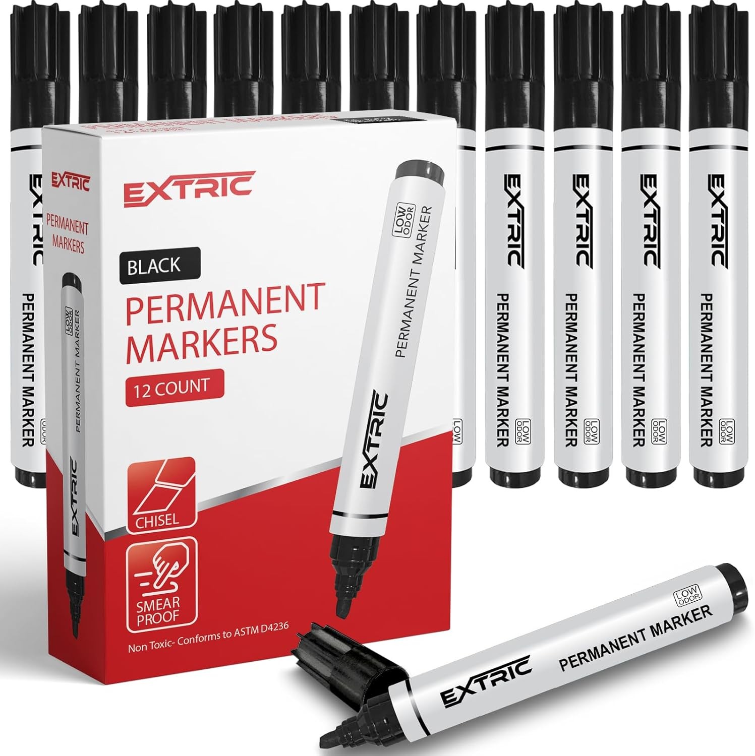 EXTRIC Permanent Markers Chisel Tip, Black, 12 1 Count (Pack of 12), Black