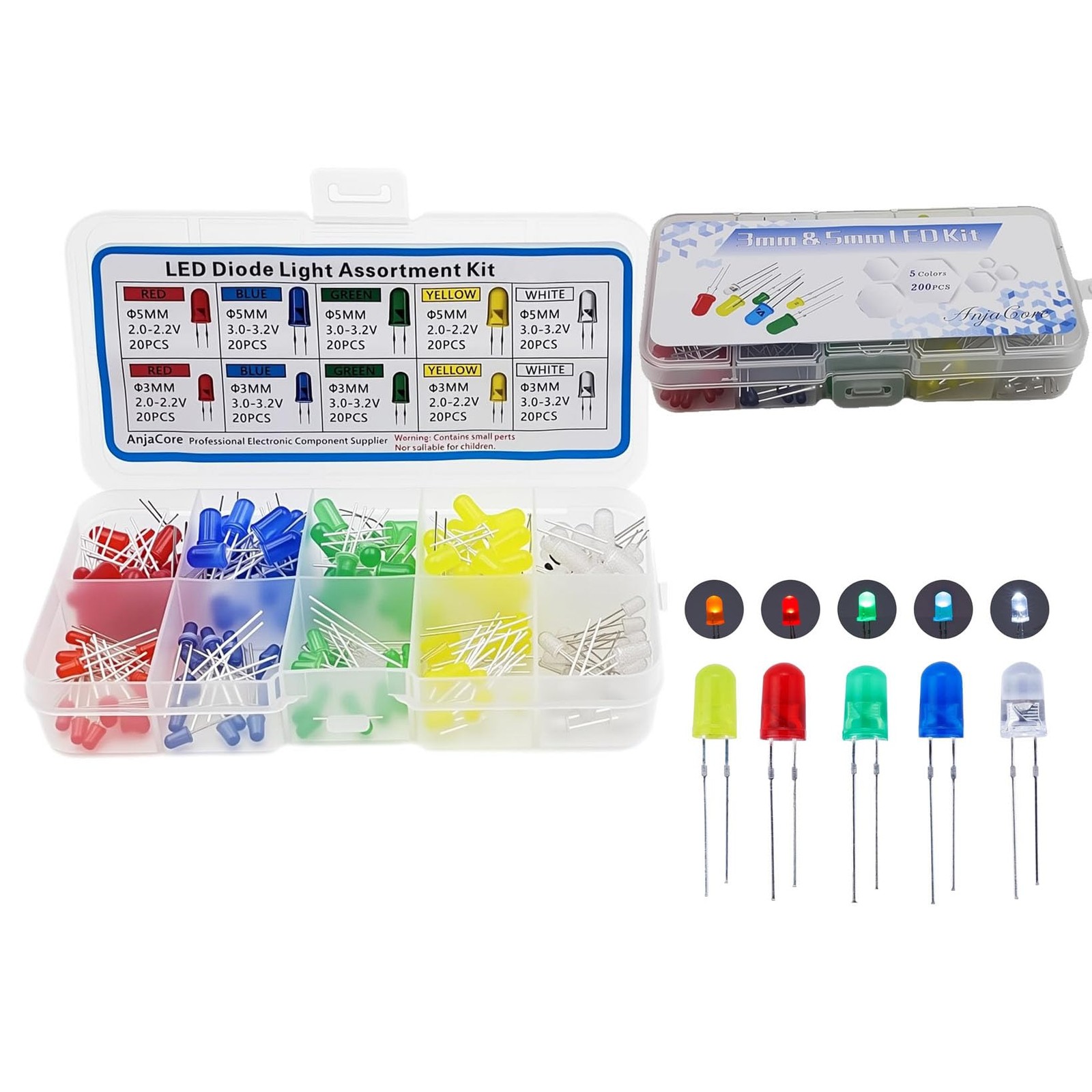 AnjaCore 200PCS 3mm & 5mm LED Light Emitting Diode Assortment Kit, 5 Colors...