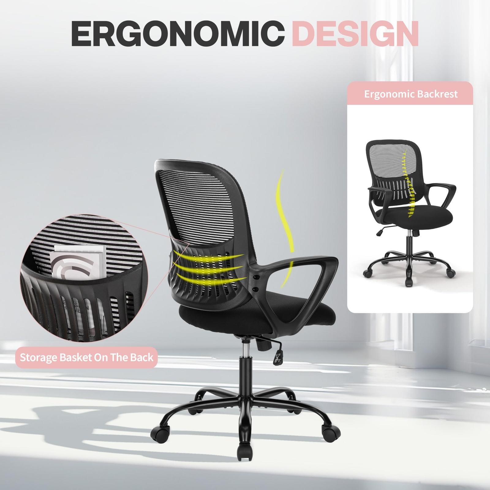 Office Chair Ergonomic Swivel Adjustable Computer Chair for Home Bedroom Black