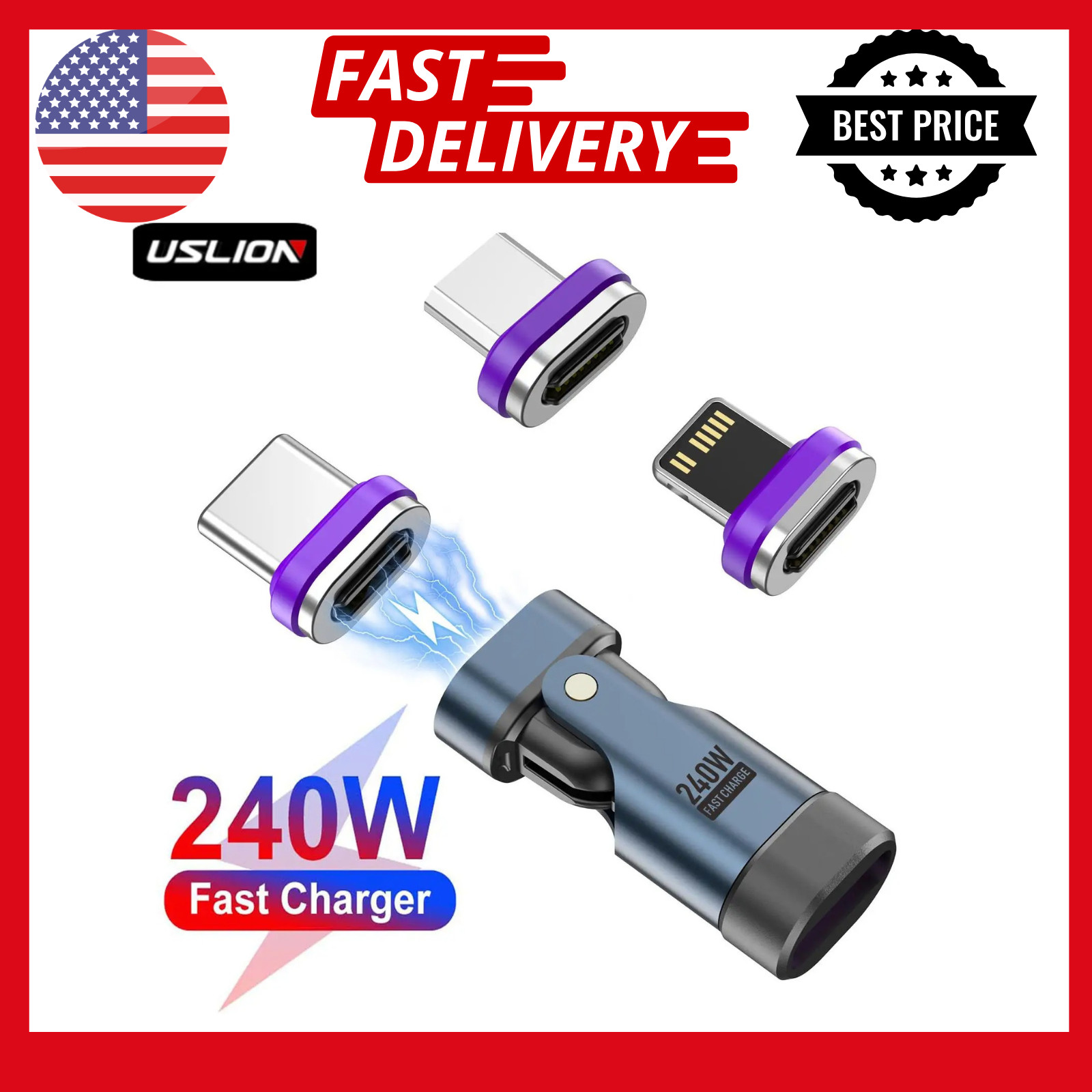 USLION 240W Type C Adapter USB-C to Type-C Fast Charging Cable Magnetic USB C