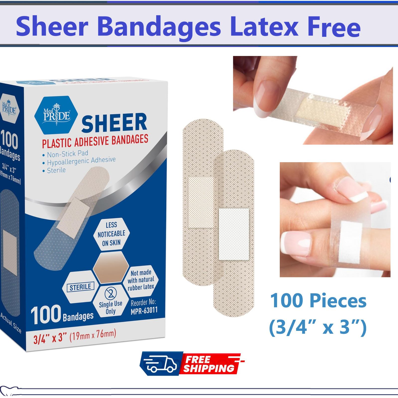 Adhesive Bandages Sheer Strips, 3/4” x 3” Sensitive Skin BandAid Bandage, 100/Bx