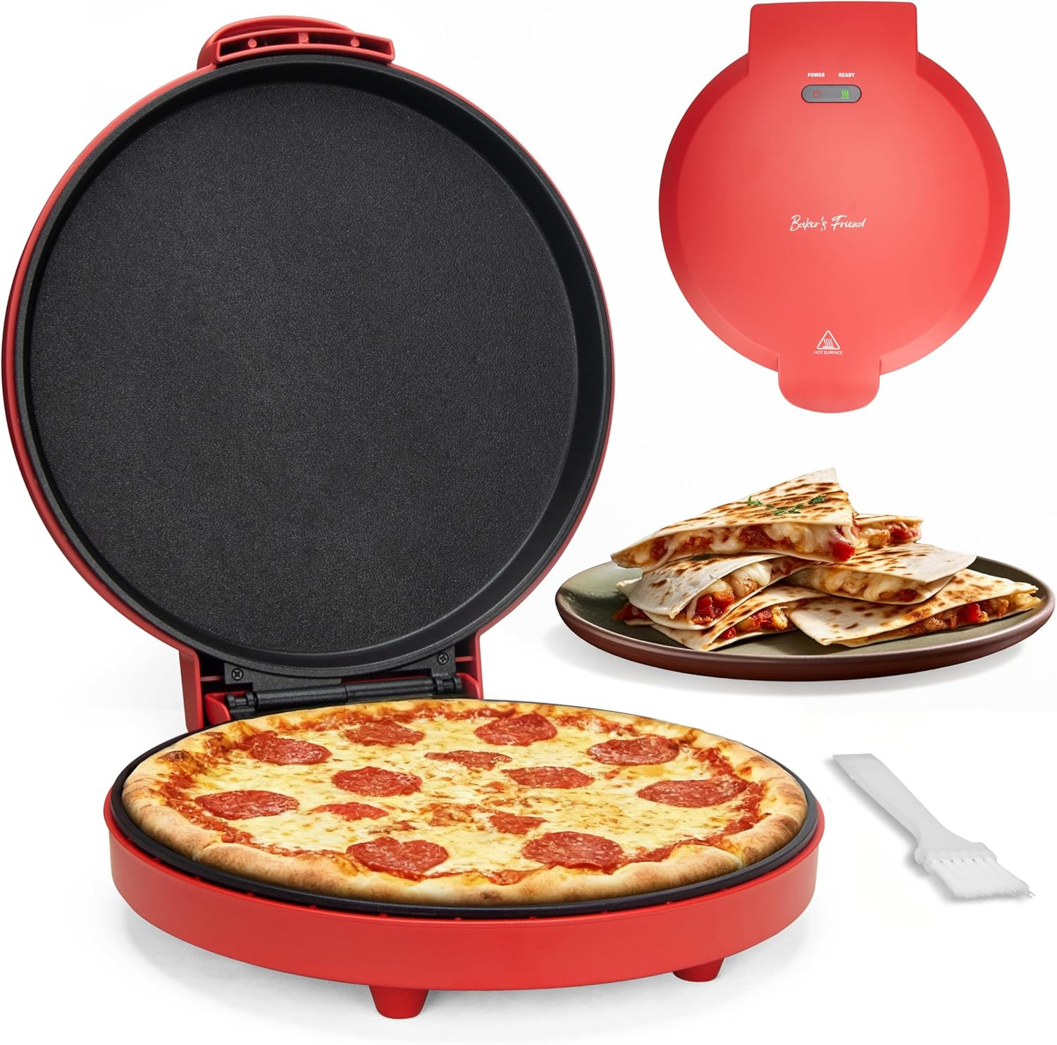 Baker’S Friend Countertop Pizza Maker Electric, 12 Inch Pizza Maker 1400W, Red