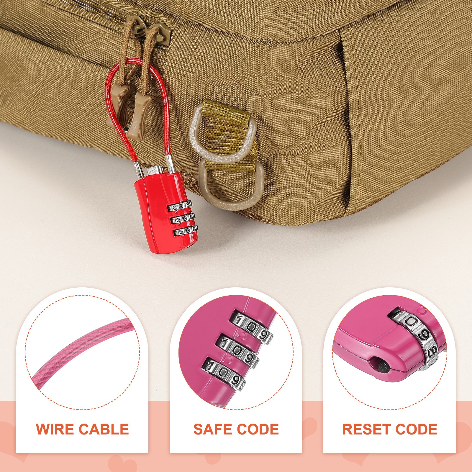 4 Pcs 3 Digit Luggage Cable Combination Lock with 5" Long Cable, Rose