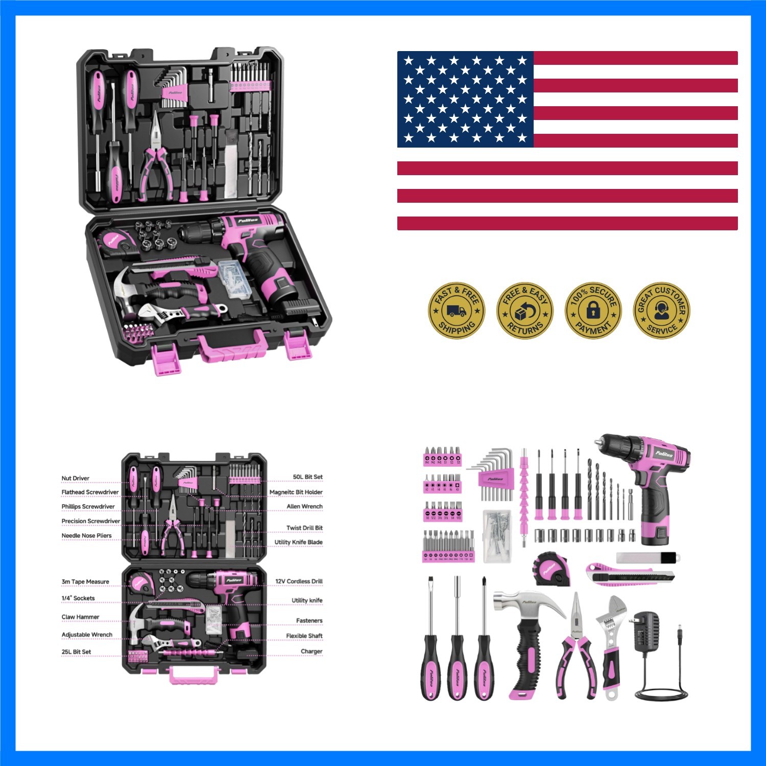 Drill Set, 149-Piece Home Tool Set with 12V Pink Cordless Drill, Tool Box, Ha...