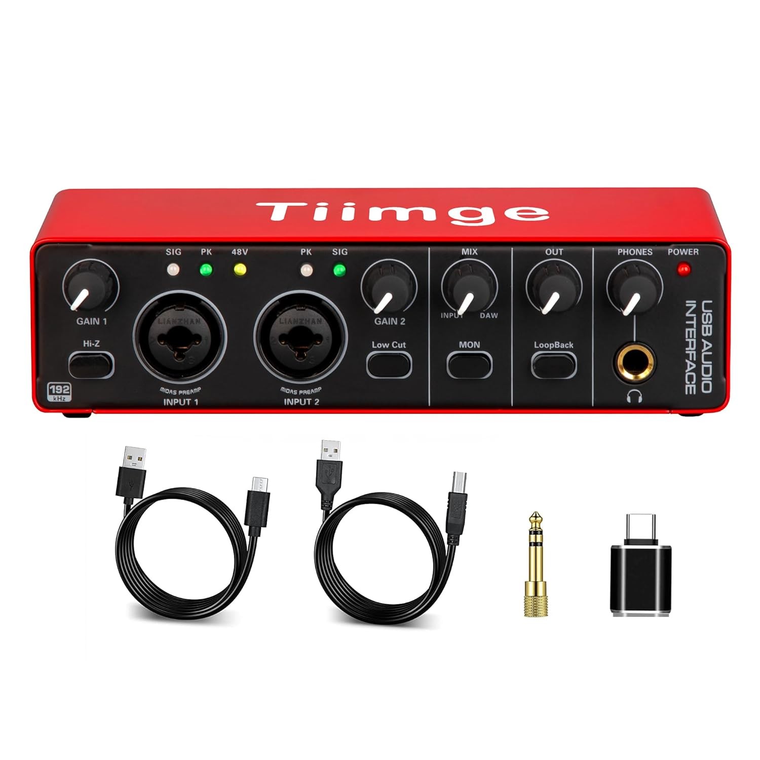 2x2 USB Audio Interface 48V Phantom Power 24Bit 192kHz High Fidelity for PC