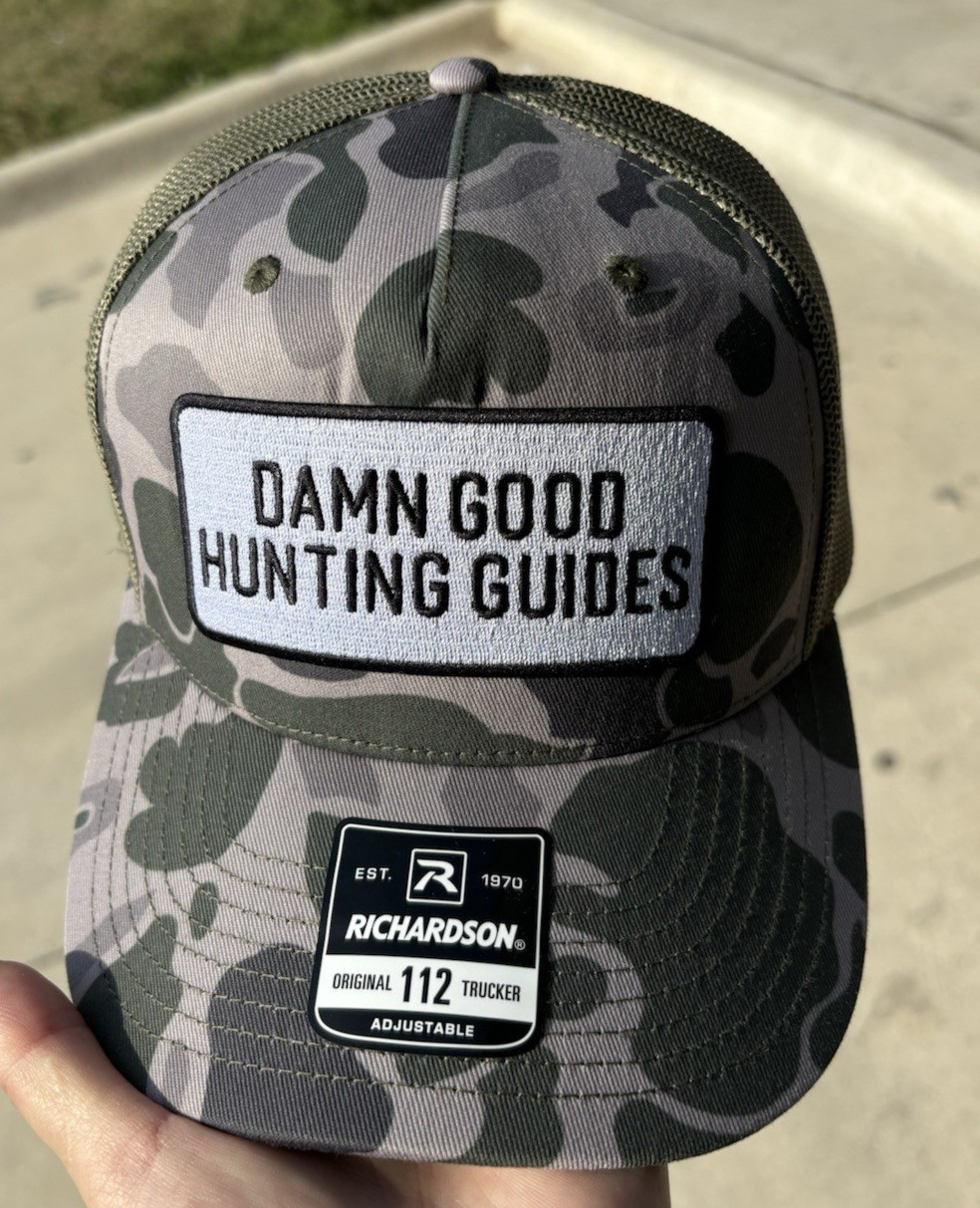 Richardson 112 Duck Camo Trucker Mesh Hat Good Hunting Guides Patch