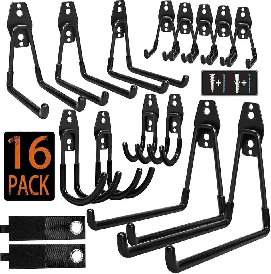 KOFANI Steel Garage Storage Hooks - 16 Pack Anti-Slip Coating, Heavy Duty Wall