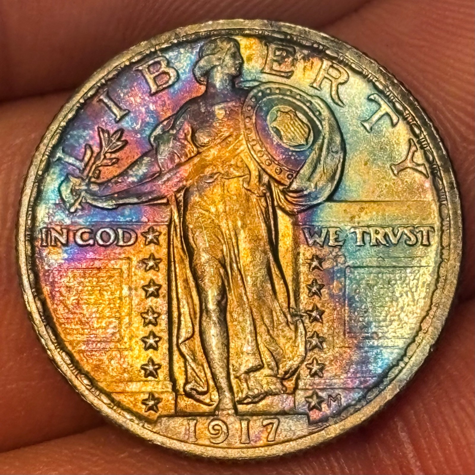 1917 Type 1 Standing Liberty Quarter Rainbow Toned Gem BU Original Skin Stunning