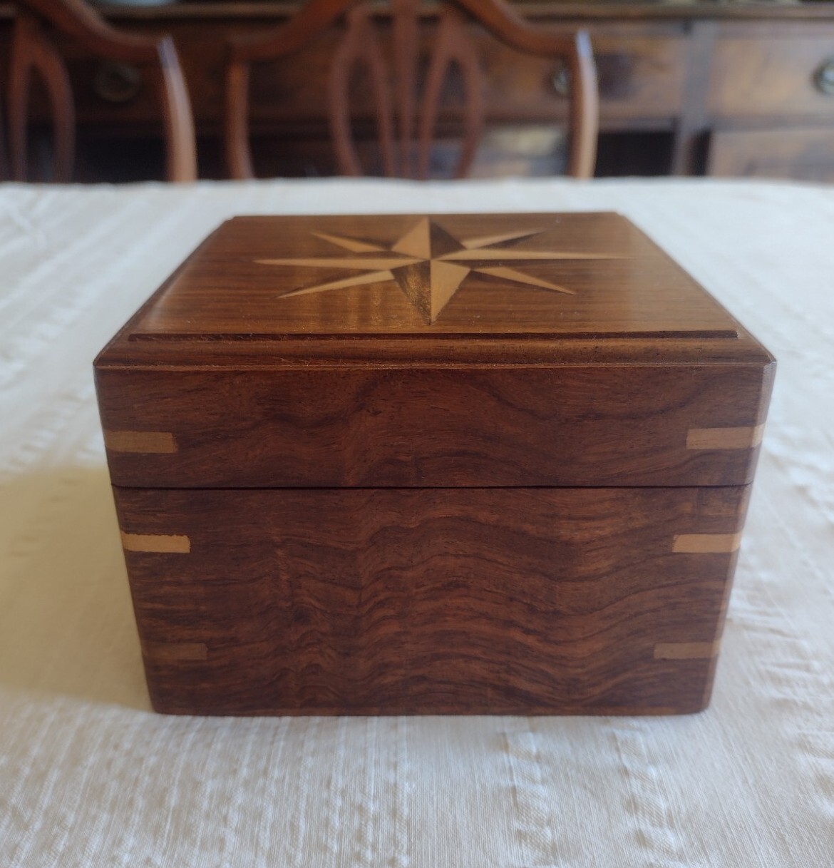 Wood Hinged Box With Compass Inside 4.75" X 4.75" X 3.25"