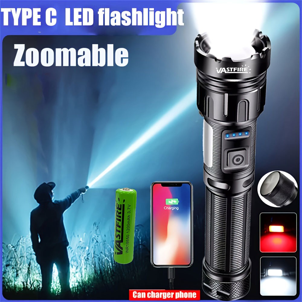 Zoom LED Flashlight Work Light USB Type-C Charging COB Side Light Torch +Battery