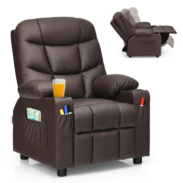 PU Leather Soft Kids Recliner Children Velvet Fabric Leisure Chair W/ Cup Holder