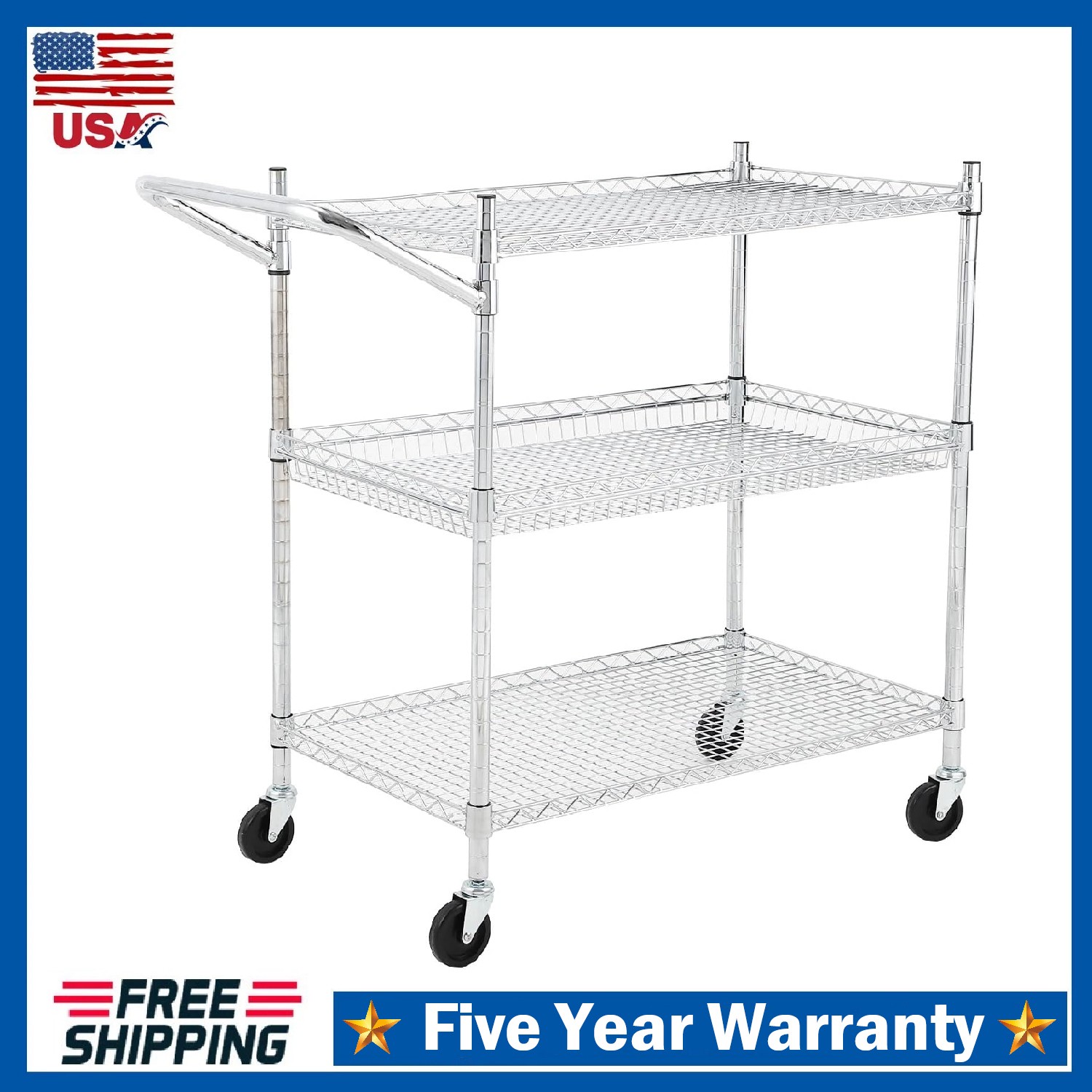3 Tier Rolling Utility Cart ,Heavy Duty Wire Shelves Storage Cart w/ Low Handle