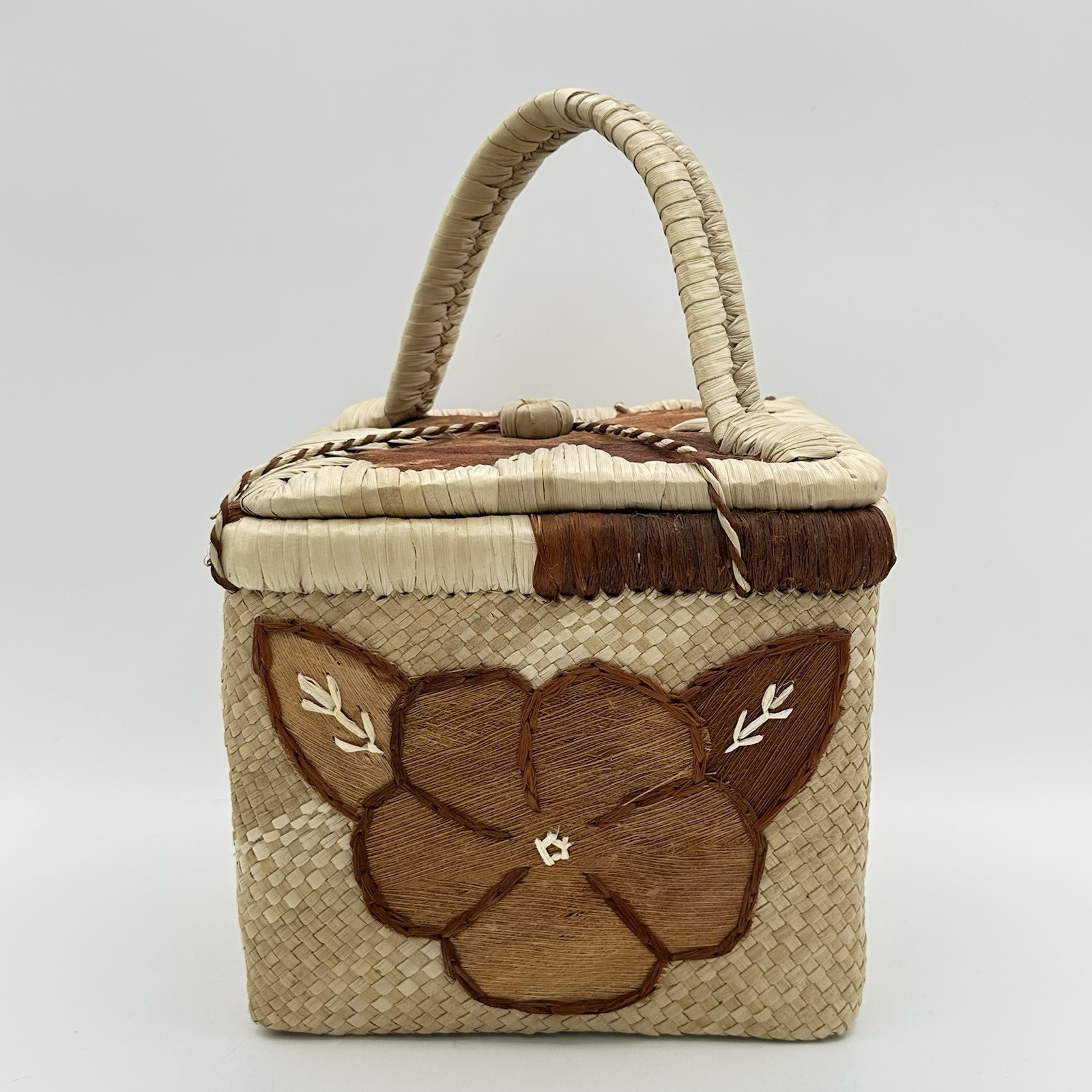 Beautiful Woven Basket with Handle Strap Closure 8 X 7 X 7 Inches Flower Design