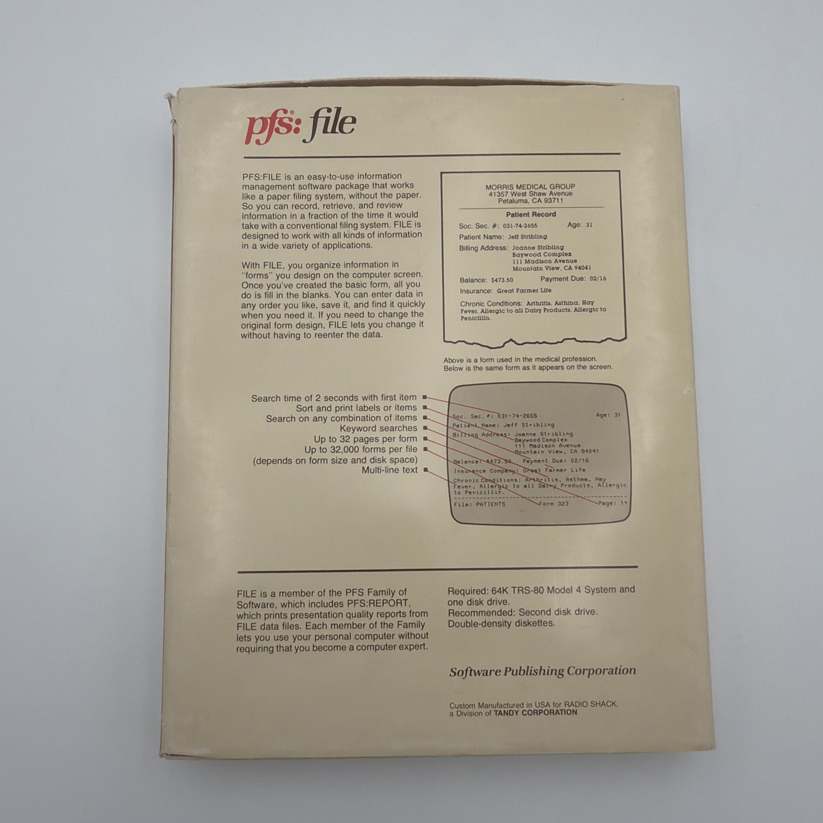 pfs:file TRS-80 Model 4 Software Publishing Corp Disk Tested Working Vintage