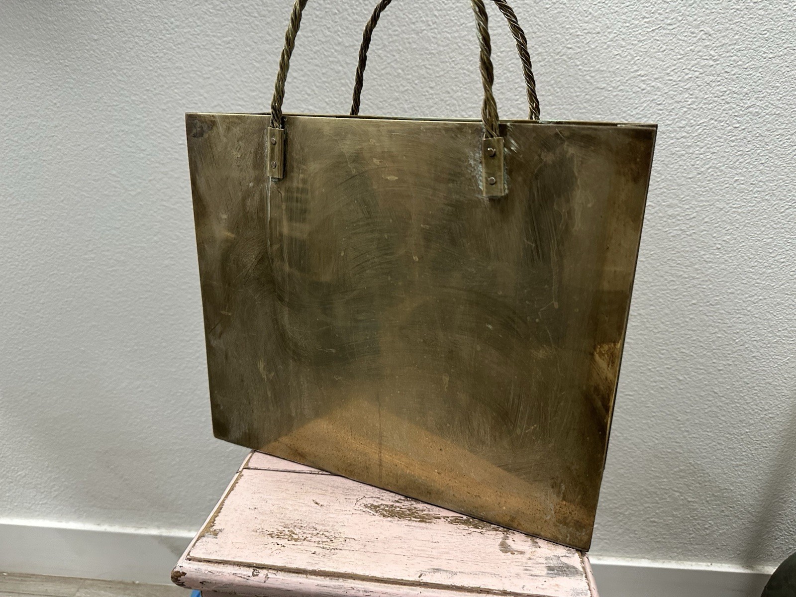 Vintage MCM Solid Brass Shopping Gift Bag Magazine Holder Twist Handles Heavy