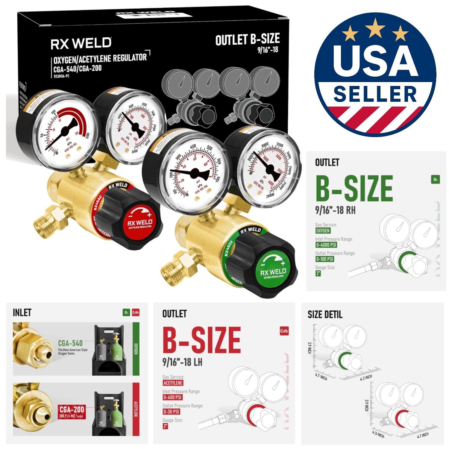 Durable Oxygen & Acetylene Regulators Set with Dual Gauges - PC Handle Included
