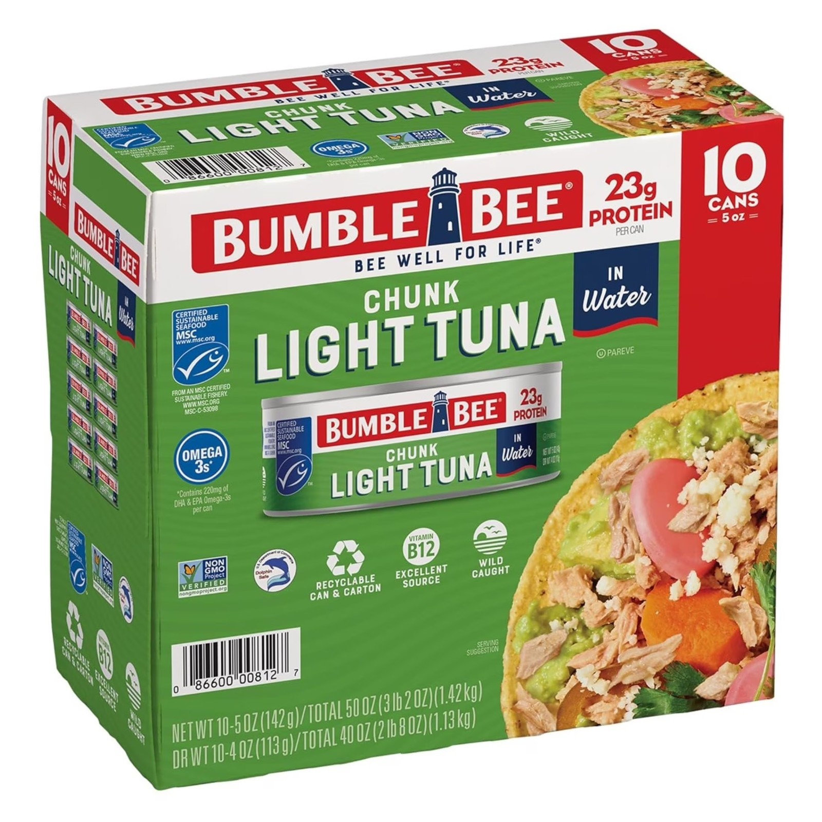 Pack of 10,Bumble Bee Chunk Light Tuna in Water, 5 oz cans.