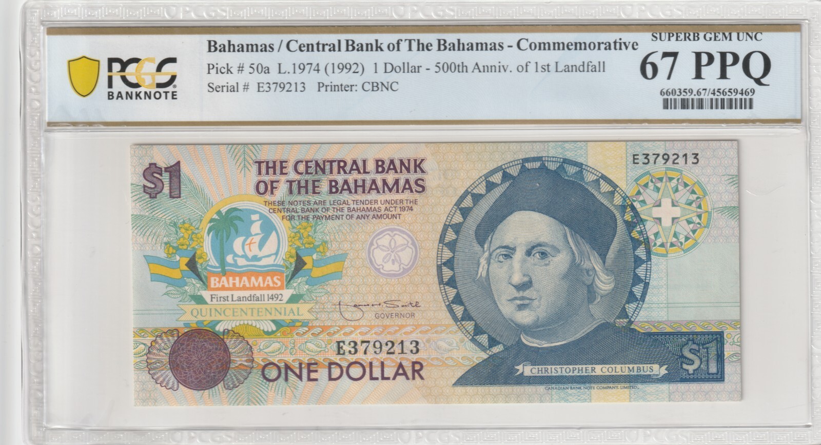 Bahamas 1992 $1 PCGS Certified Banknote UNC 67 PPQ Pick 50a