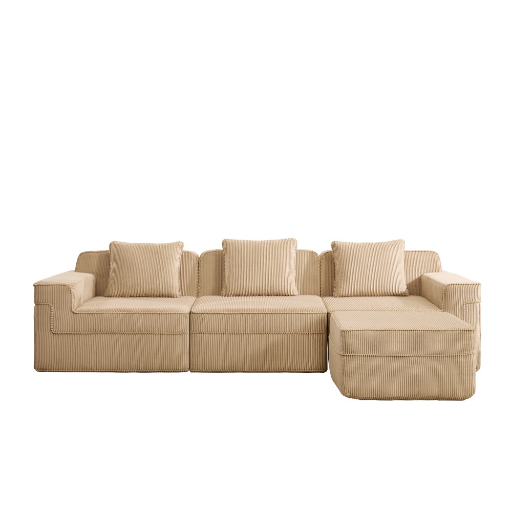 Modular 3-Seat L-Shape Sectional Sofa w/ Ottoman, Corduroy Camel